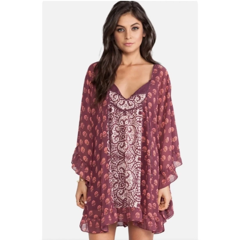Free People Marla Dreams Bohemian Paisley Print dress Wine 70s Festival Small